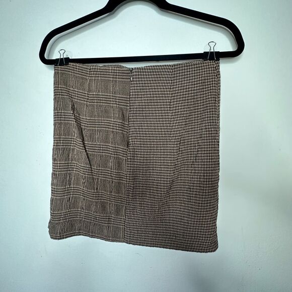 Mango Brown Plaid Checkerboard Mix Fabric Side Ruffle ALine Back Zip Skirt Med - Picture 8 of 11